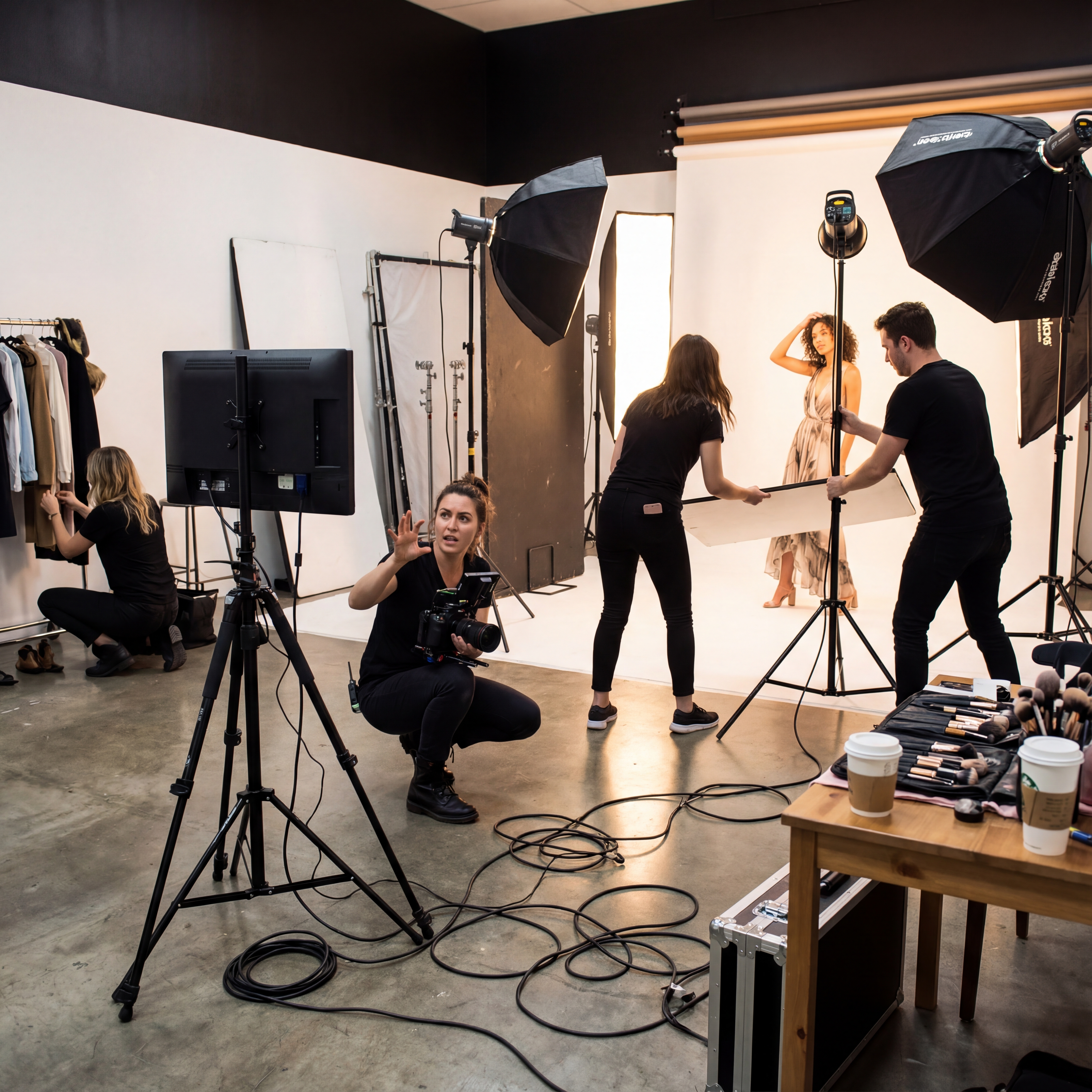 The chaos of traditional photoshoots - multiple people, equipment, and coordination