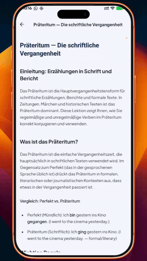 Long-tap any paragraph in a Prepilingo lesson to translate it in place — release and it returns to German.