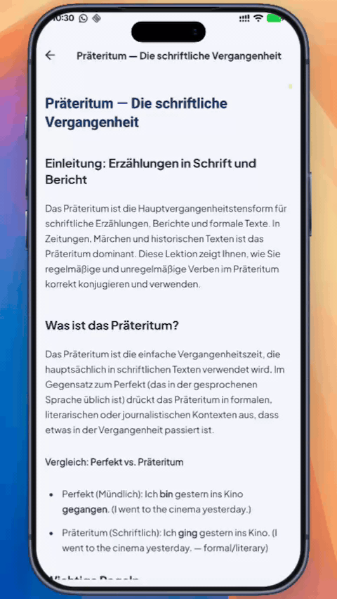 Tap any word to see its meaning in your language, plus pronunciation, the der/die/das article, and example phrases in context.