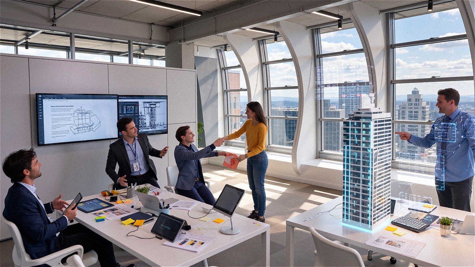 Real estate professionals in front of modern skyscraper