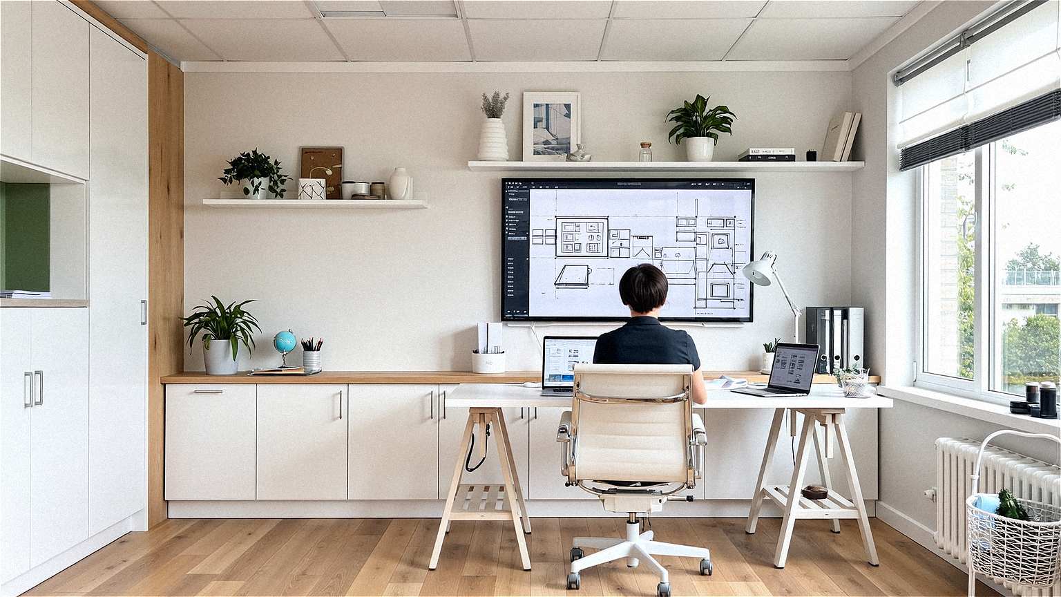 UX designer working with large screen in professional environment